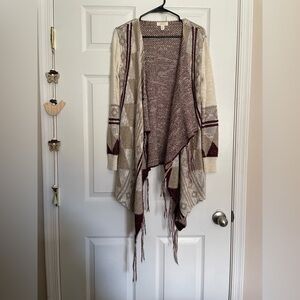 Sun & Shadow Burgundy Cream and Tan Cardigan Sweater XS Geometric Diamond